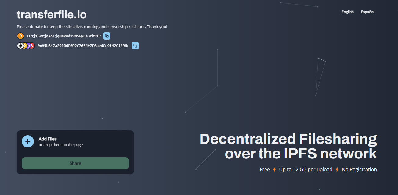 transferfile.io 基于IPFS的免费去中心化文件共享，每次上传最多 32 GB，无需注册即可使用～3051 作者:茎肛互撸娃 帖子ID:114 基于,免费,去中心化,中心,文件